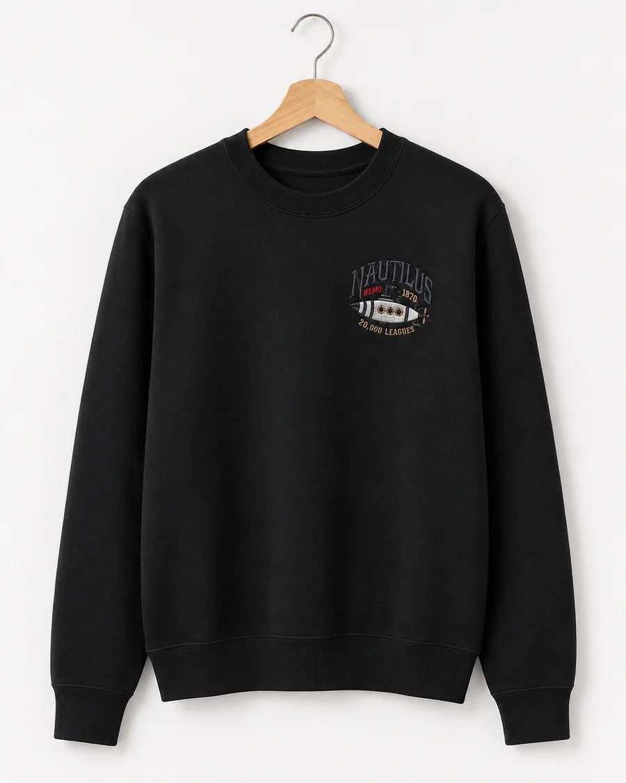 Nautilus Submarine Embroidered Black Crewneck Sweatshirt