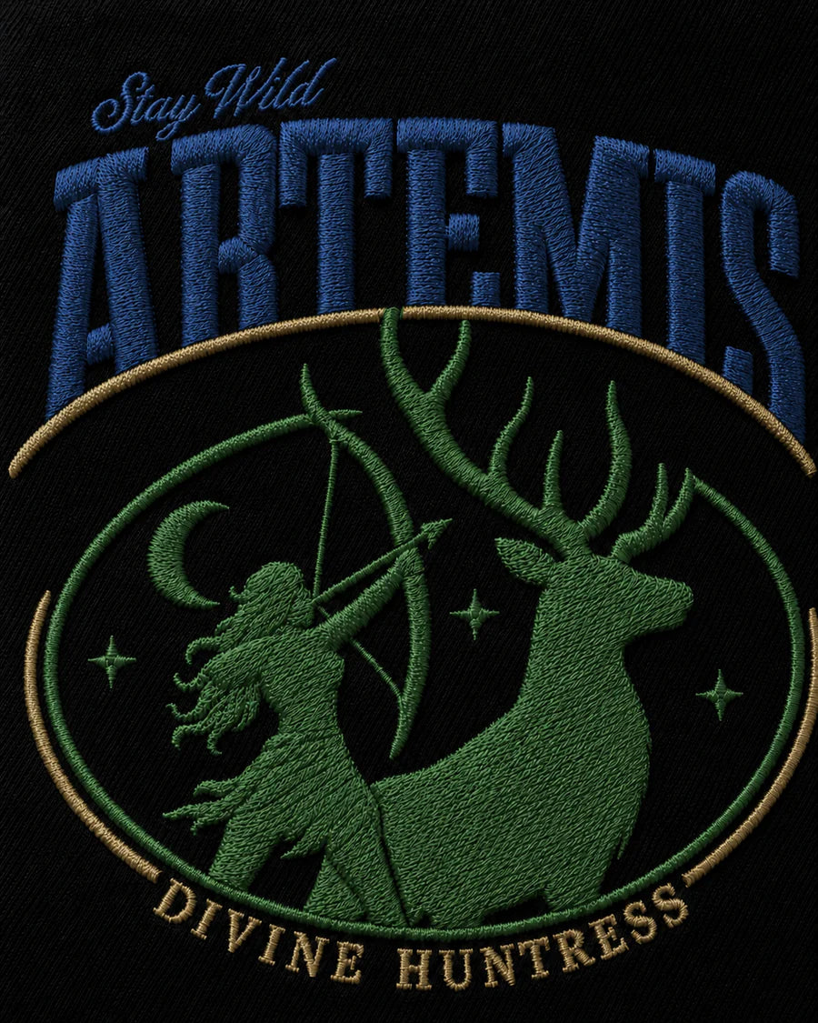Artemis Divine Huntress Embroidered Black Oversized Sweatshirt