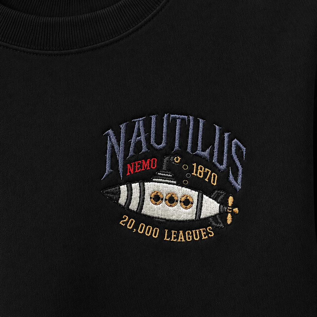 Nautilus Submarine Embroidered Black Crewneck Sweatshirt