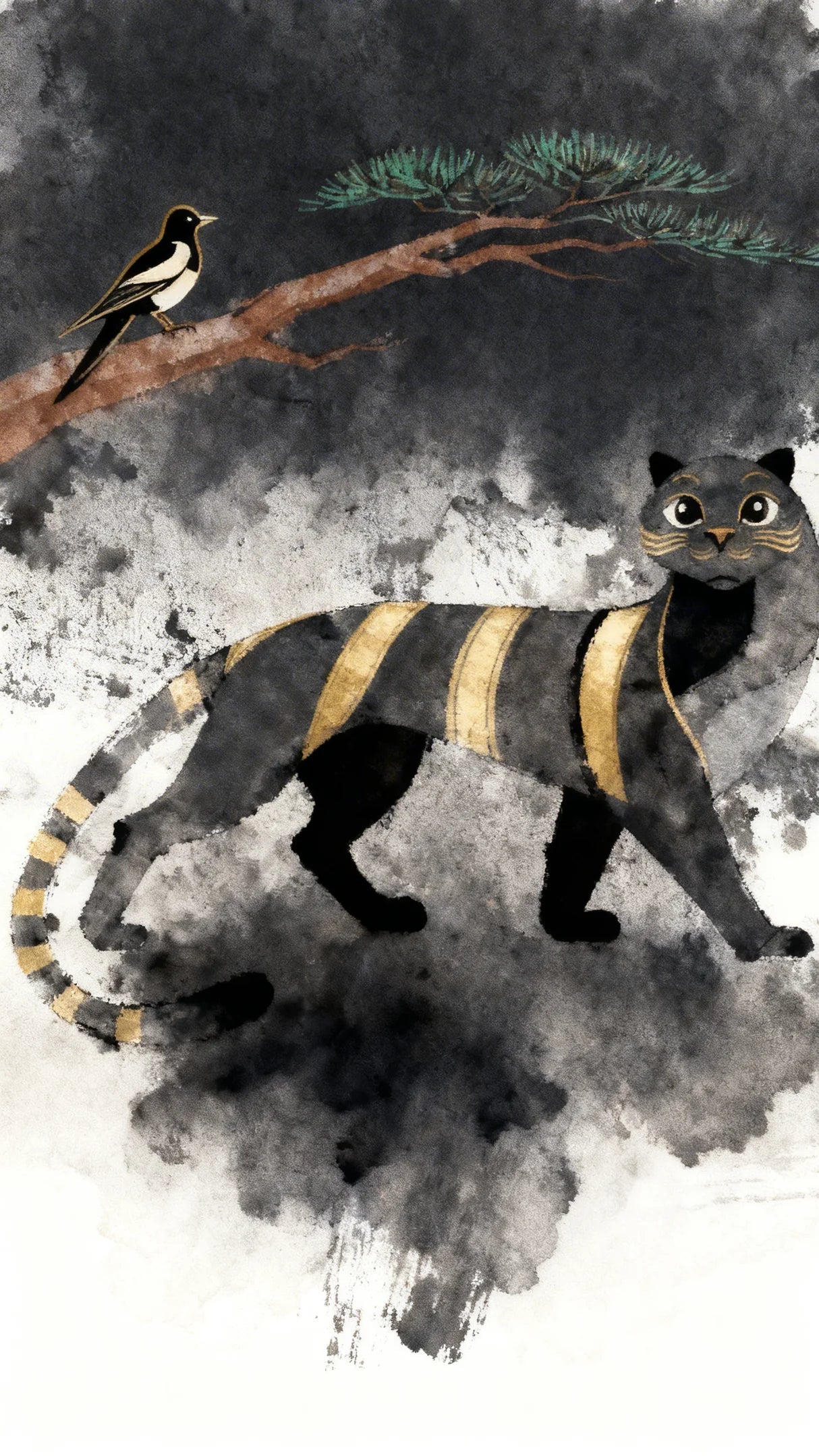 Korean Minhwa Tiger Graphic T-Shirt — Minimal Ink Wash & Gold Accent Design