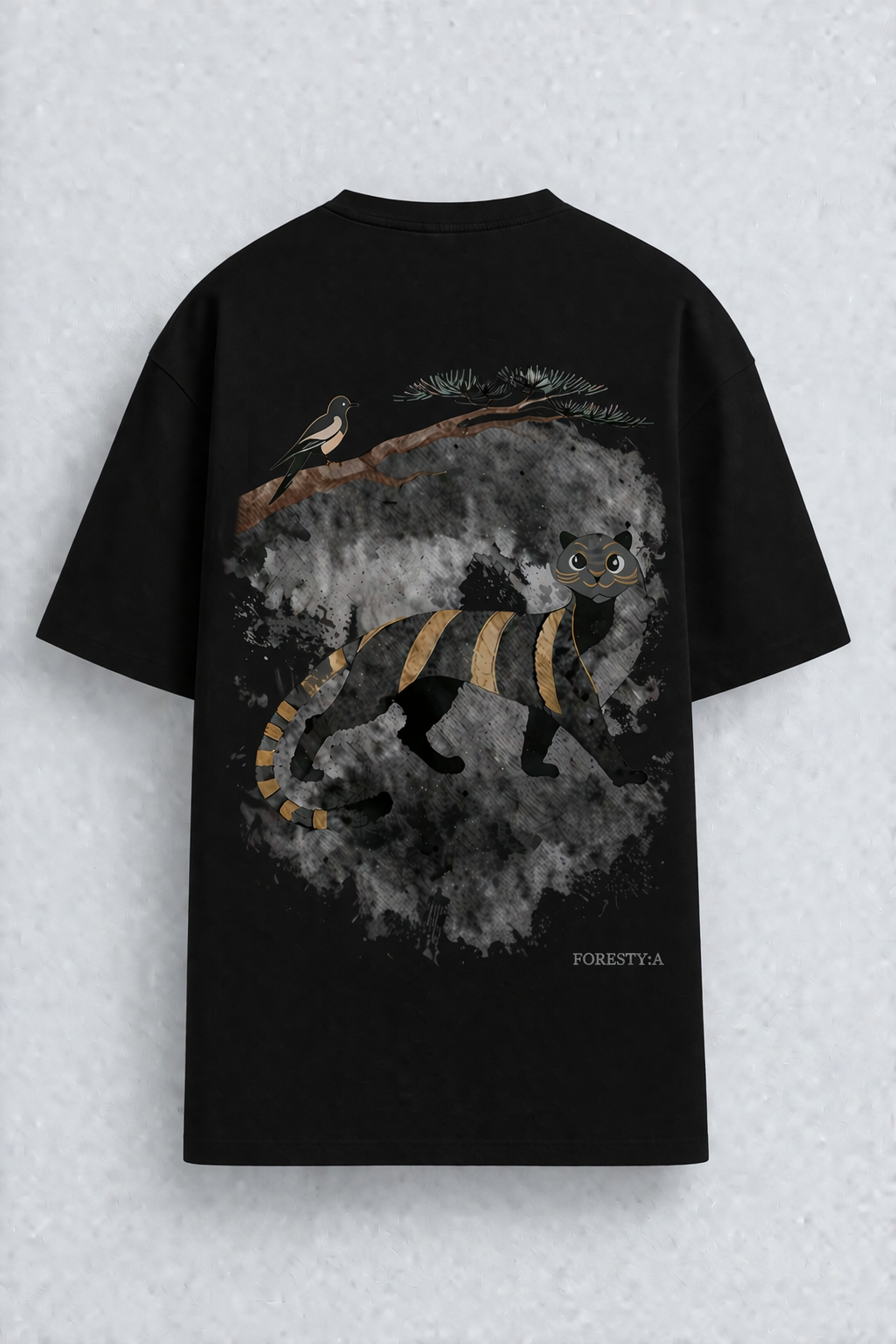 Korean Minhwa Tiger Graphic T-Shirt — Minimal Ink Wash & Gold Accent Design