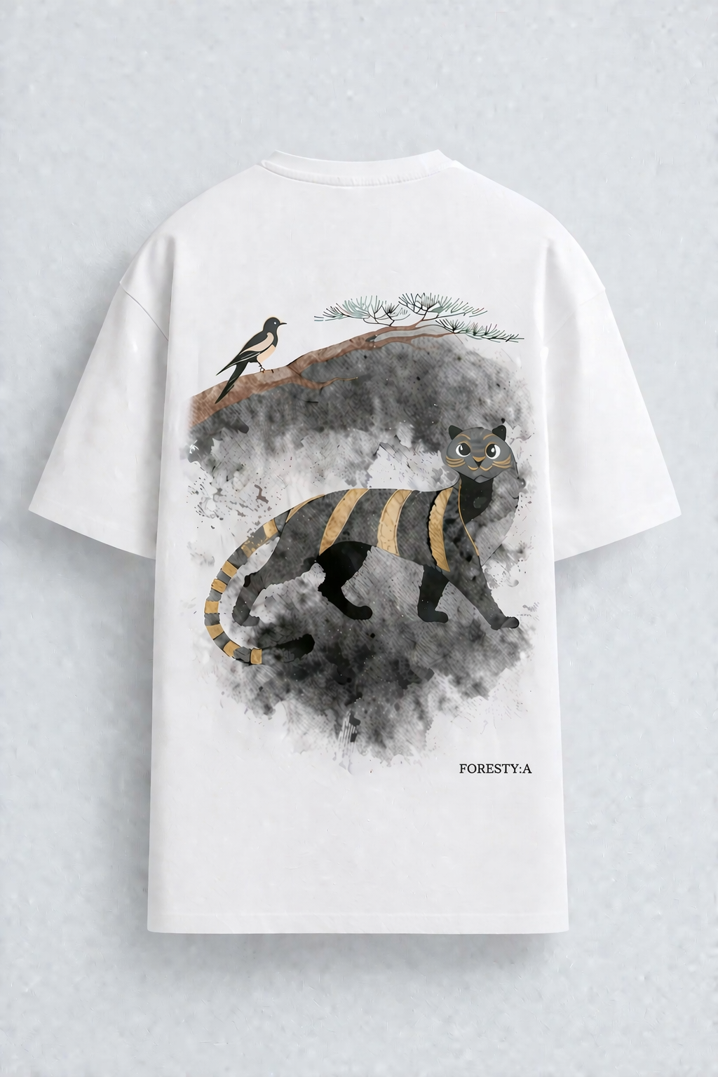Korean Minhwa Tiger Graphic T-Shirt — Minimal Ink Wash & Gold Accent Design