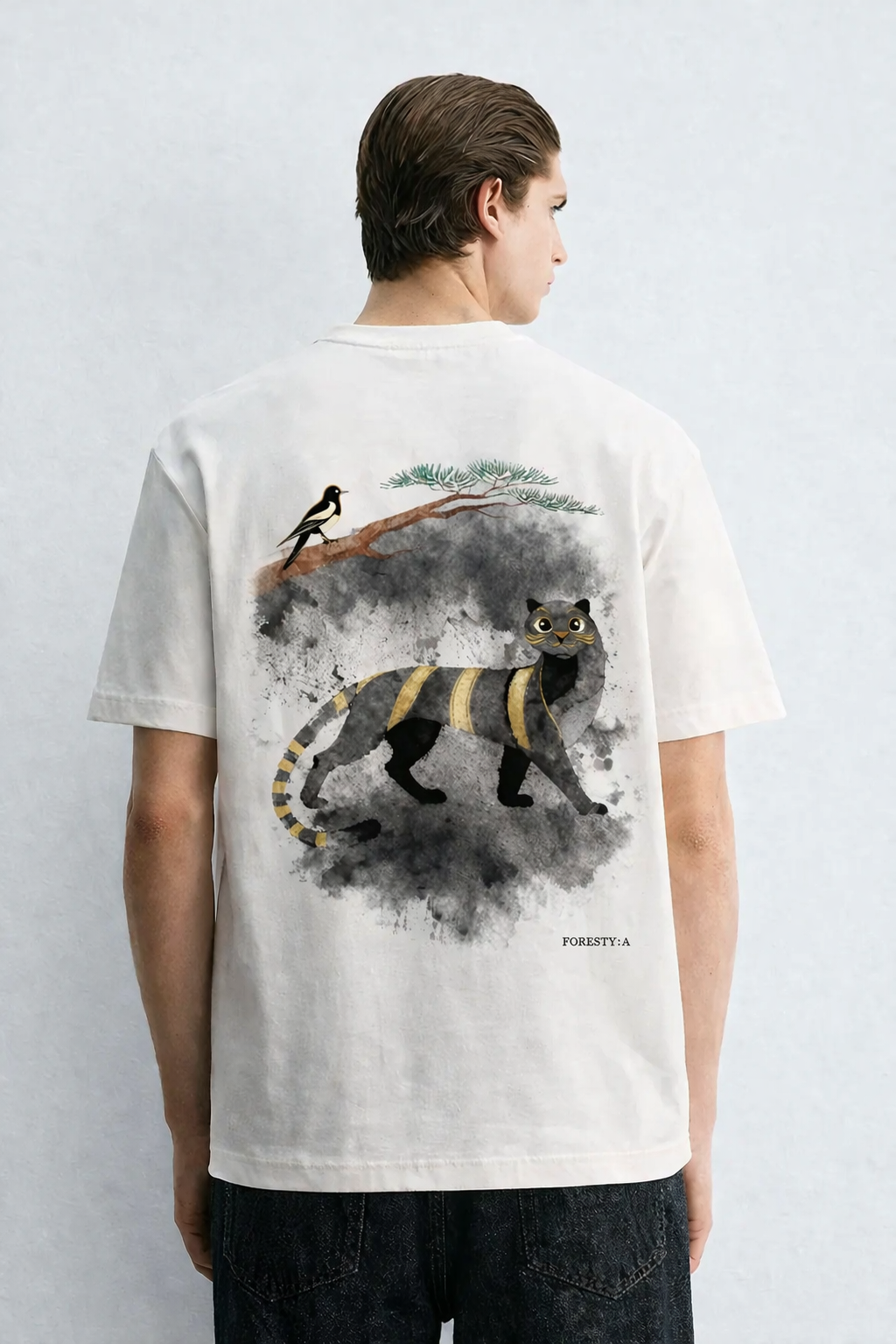 Korean Minhwa Tiger Graphic T-Shirt — Minimal Ink Wash & Gold Accent Design